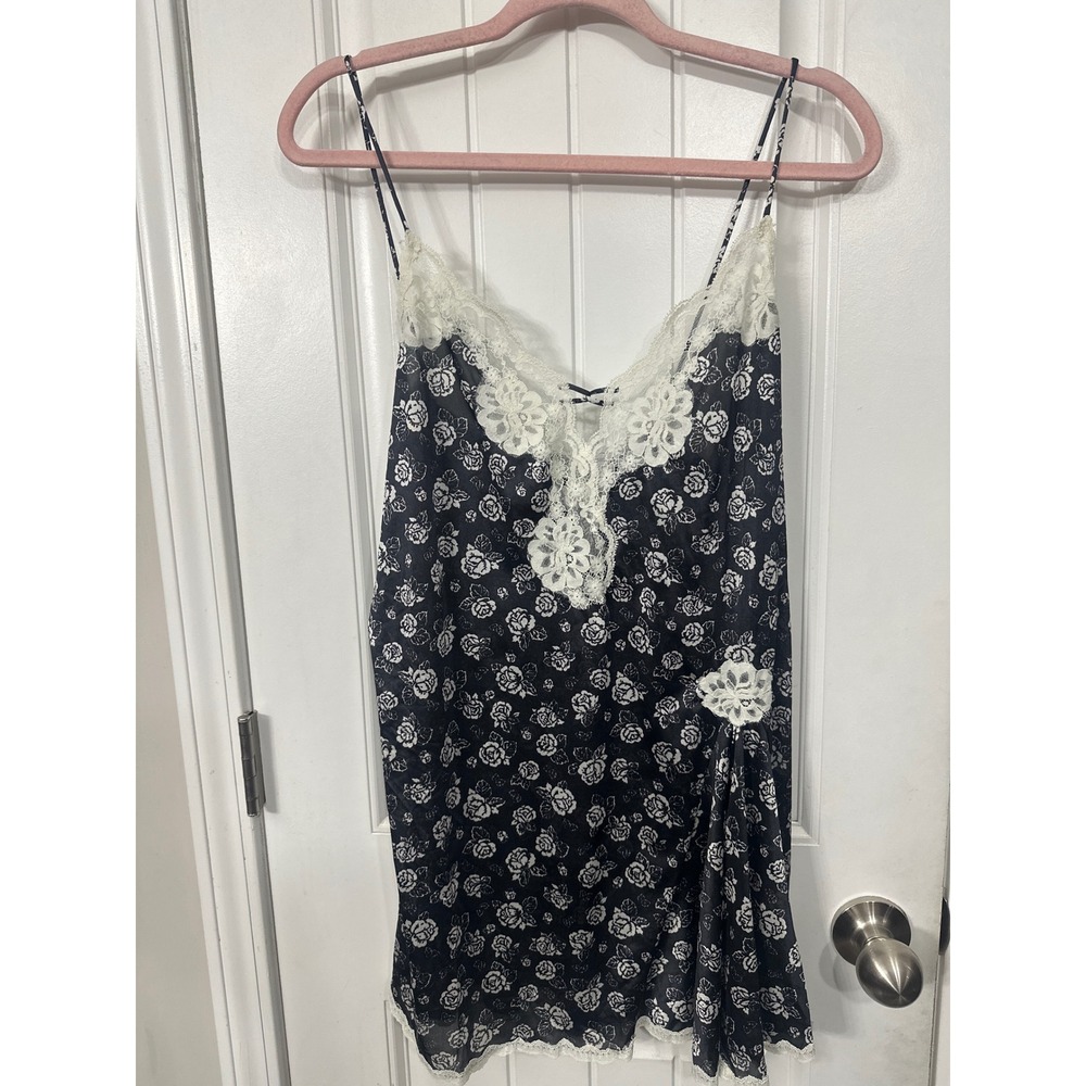 Vanity Fair Vintage Floral Lace Trim Chemise Nightgown Black White Rose Medium
